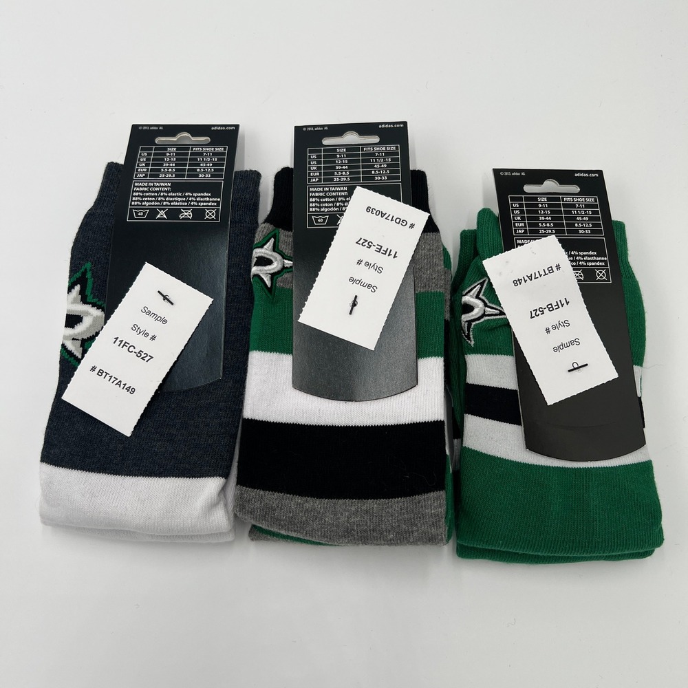 Adidas Dallas Stars Hockey NHL Mens Crew Socks 3 Pack Size L 9/11 Green Black - Picture 2 of 3
